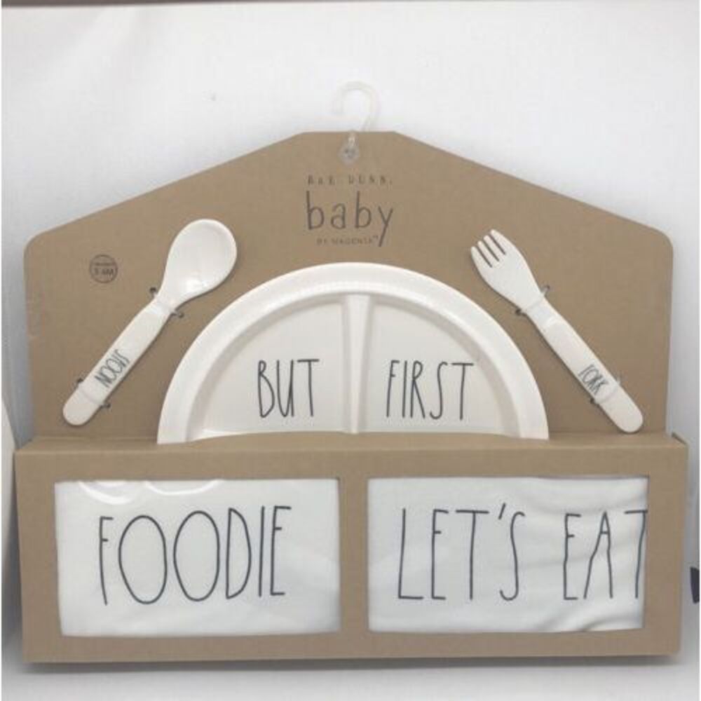 Rae Dunn 5 Pc Baby Plate, Spoon, Fork Bib And One Piece Gift Set